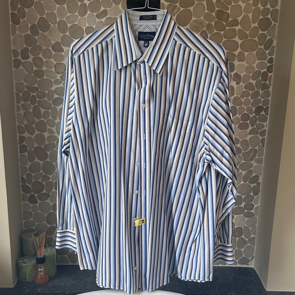 Calvin Klein Men's White Tan and Blue Striped Button Down Shirt